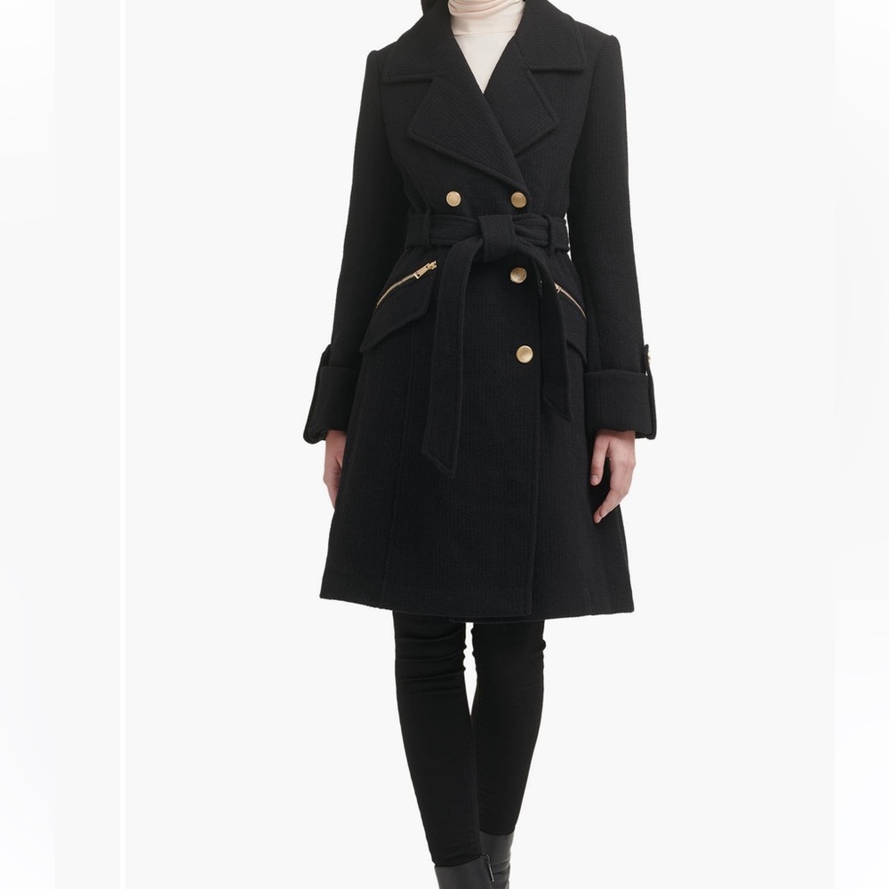 GUESS Black Belted Wool Coat with Gold Buttons